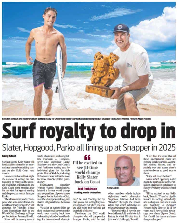 Surfers Sheldon Simkus and Joel Parkinson pose for WCC 2025 Photo with Trophy.